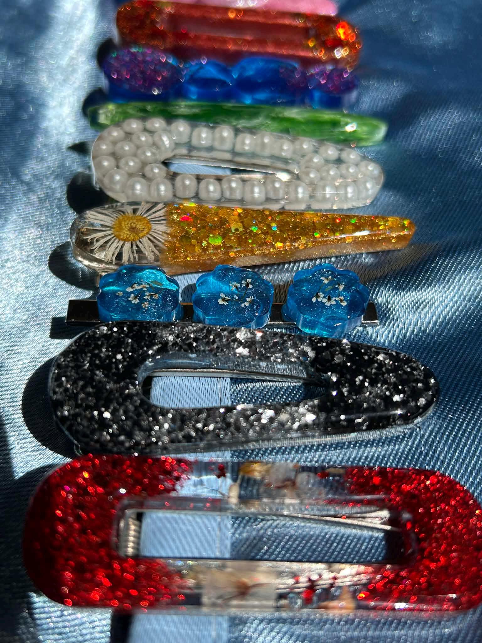 Barrettes à cheveux en résine, paillettes et fleurs séchées