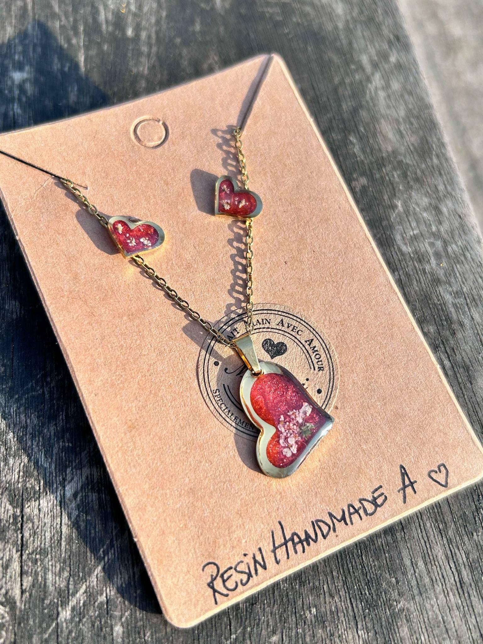 Heart-shaped jewelry set, stud earrings and necklace - forget-me-not