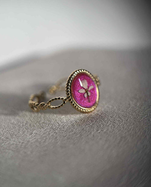 Bague doré ajustable - ovale avec fleurs séchées