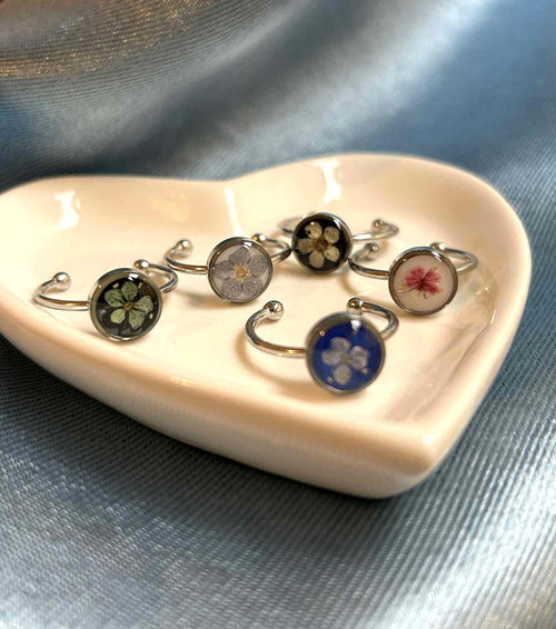 Bague argenté ajustable avec fleurs sechées - bijoux femme