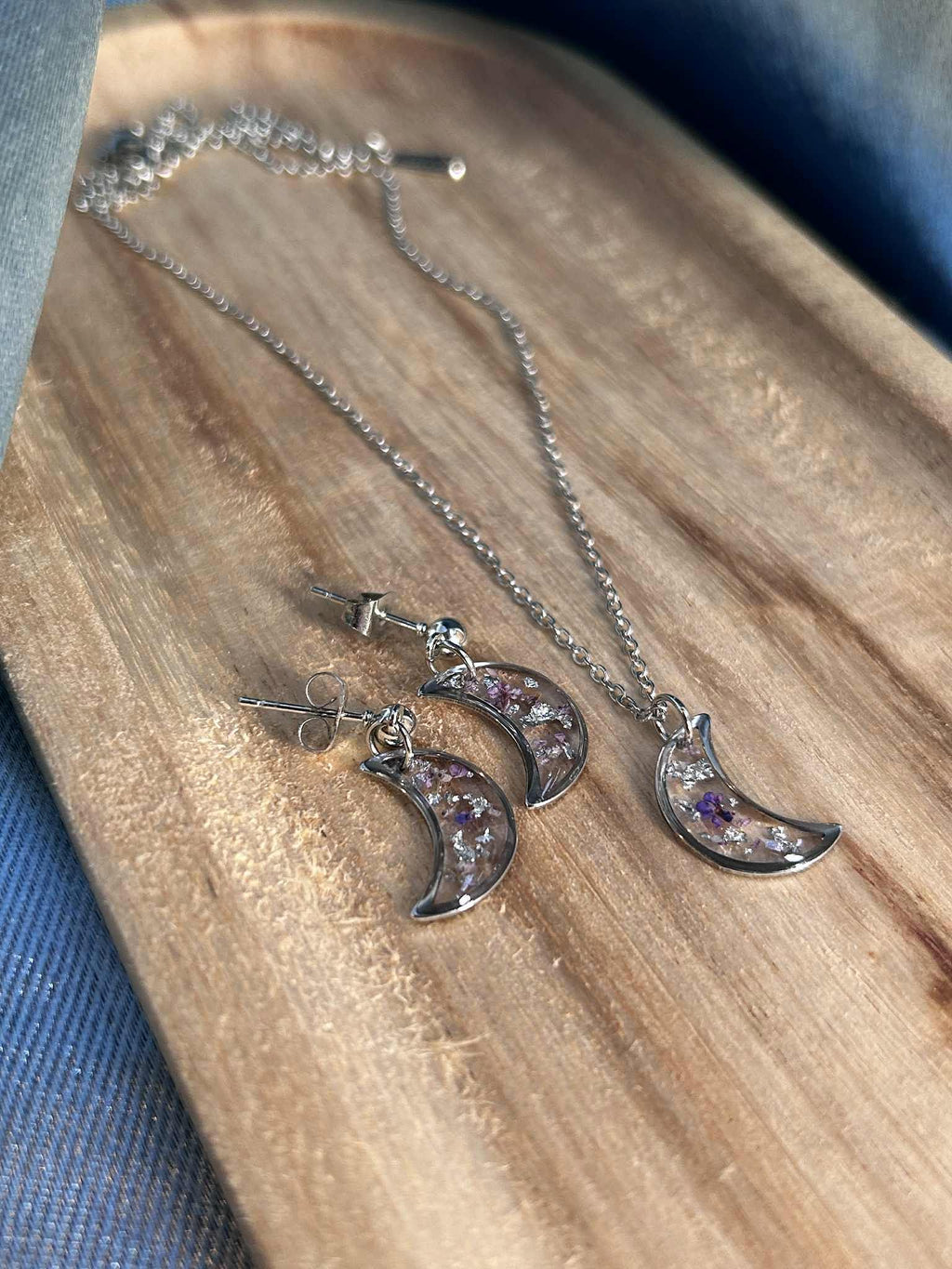 Parure de bijoux - lune - fleurs séchées