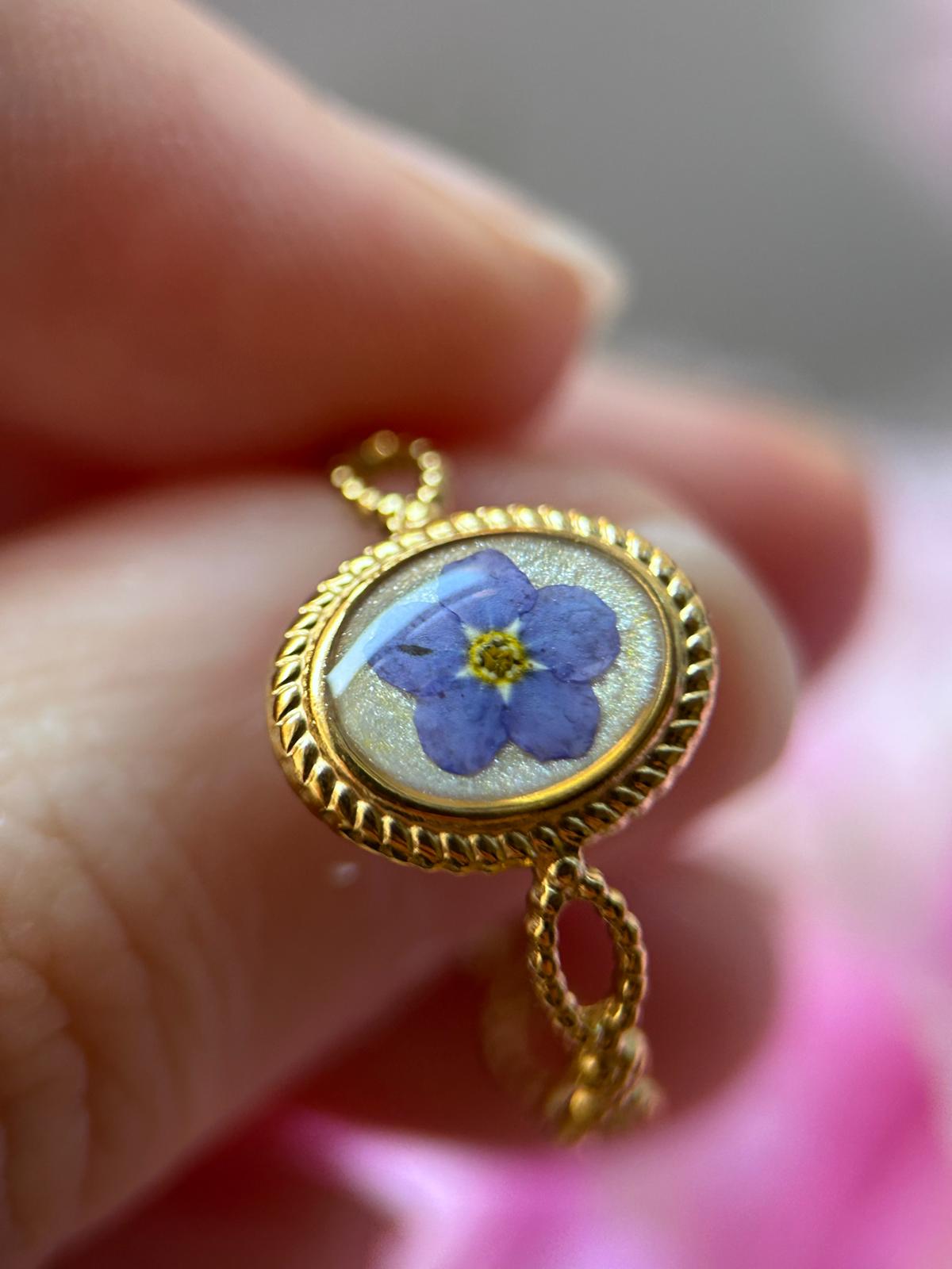 Bague doré ovale ajustable - fleur de myosotis