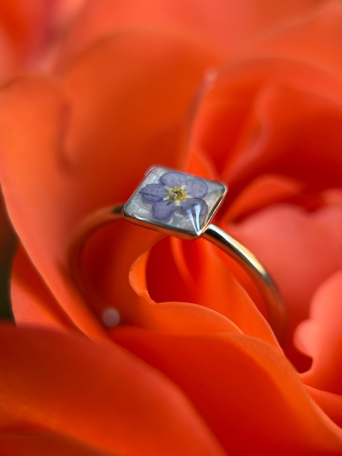 Bague ajustable argenté avec fleurs naturelles séchées - bague carré