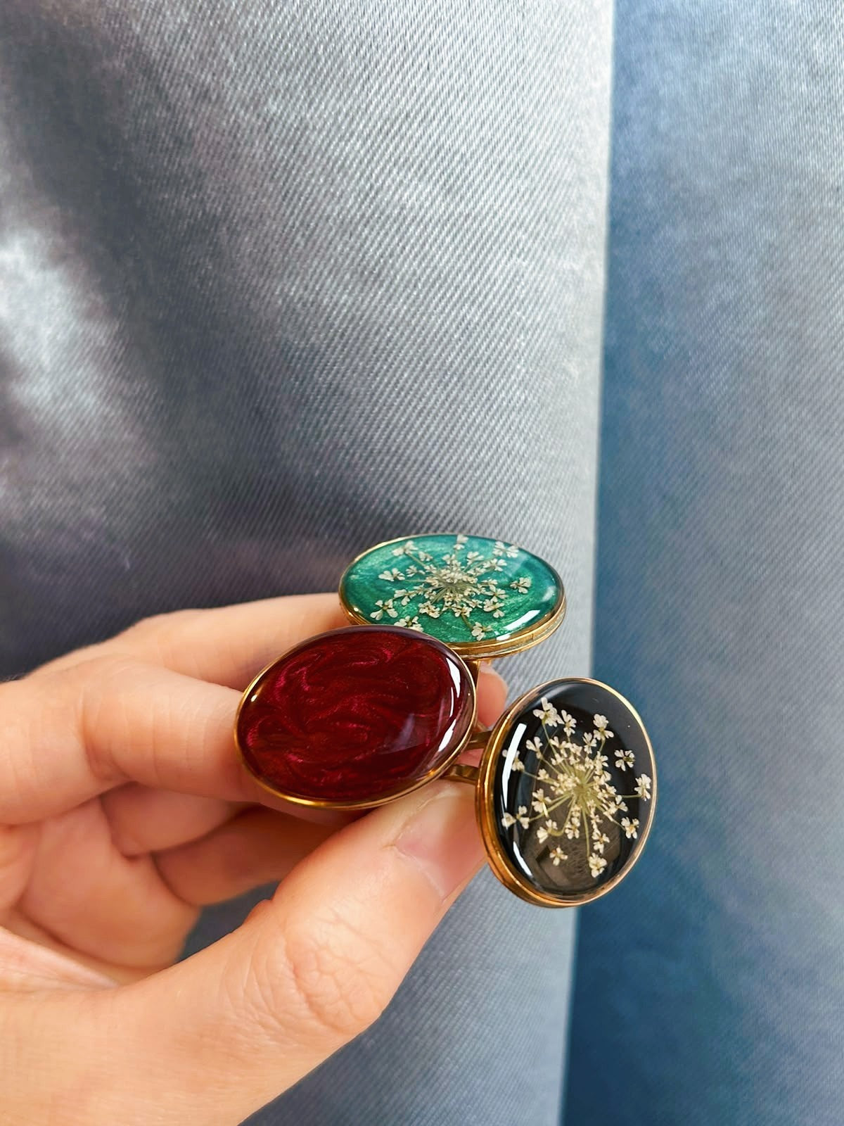 Bague doré ajustable ovale - fleurs séchées