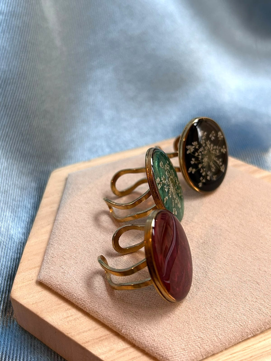 Bague doré ajustable ovale - fleurs séchées