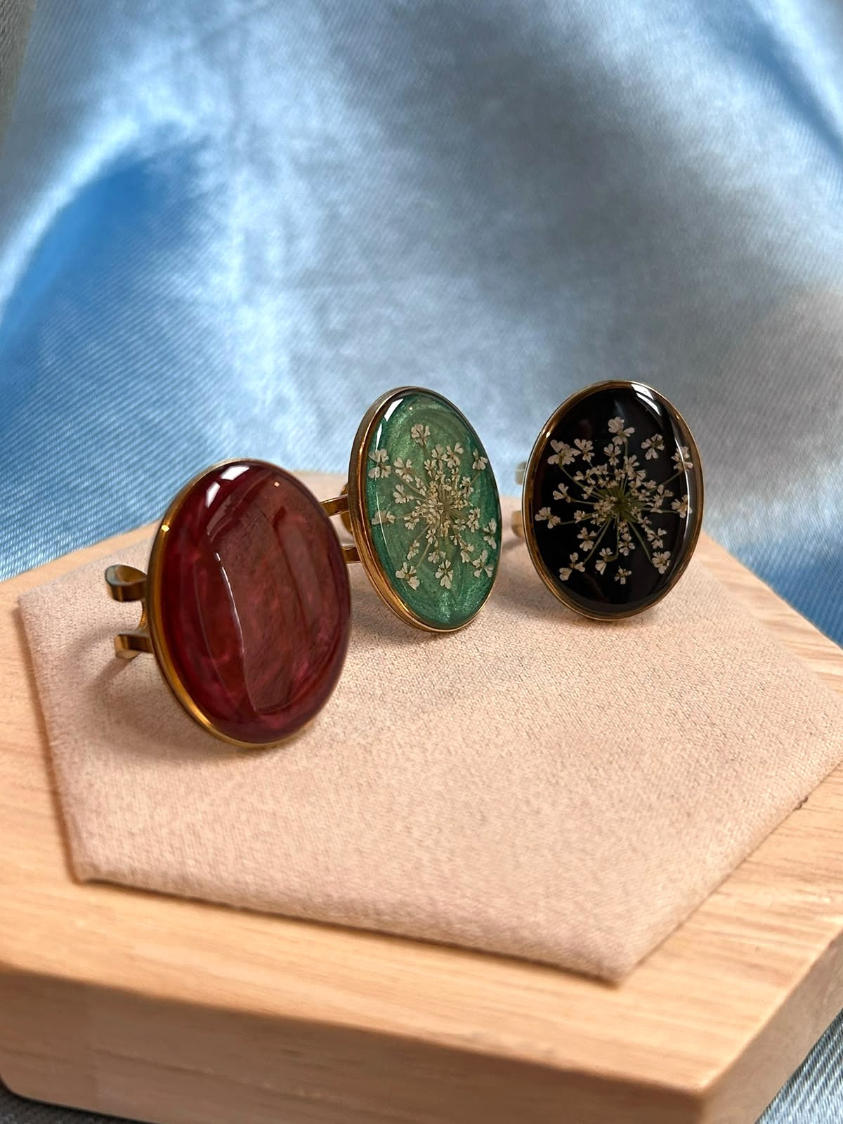 Bague doré ajustable ovale - fleurs séchées