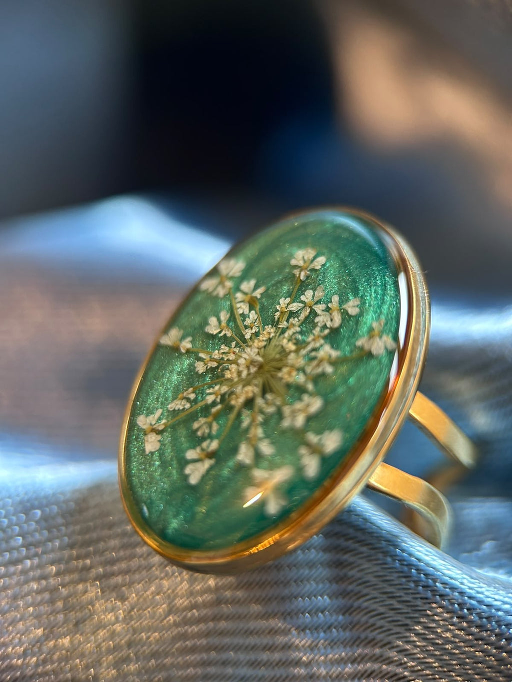 Bague doré ajustable ovale - fleurs séchées