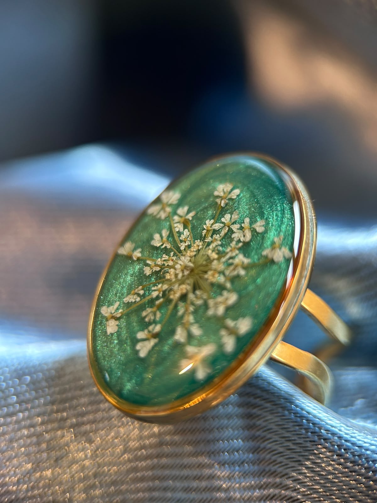 Bague doré ajustable ovale - fleurs séchées