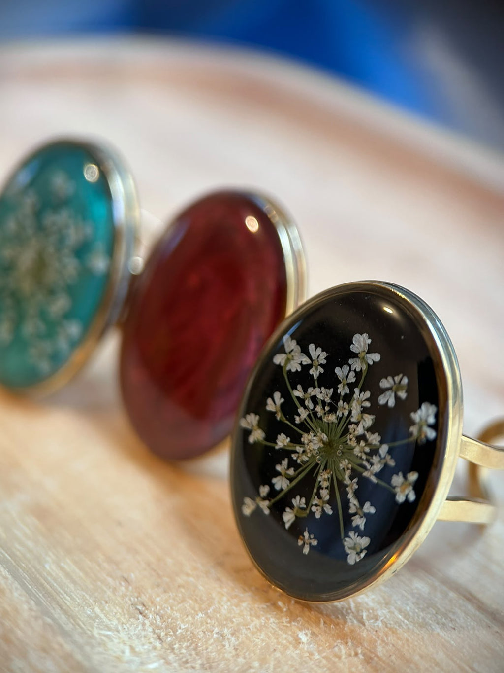 Bague doré ajustable ovale - fleurs séchées