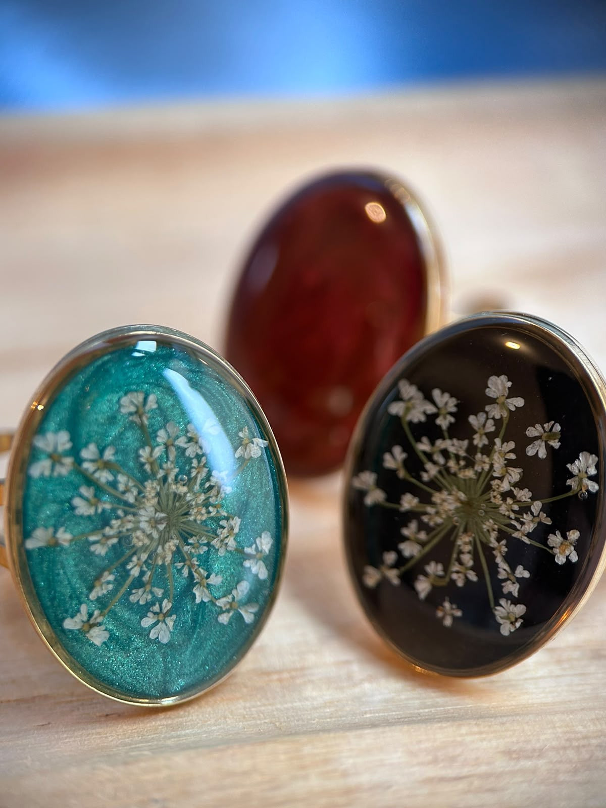 Bague doré ajustable ovale - fleurs séchées