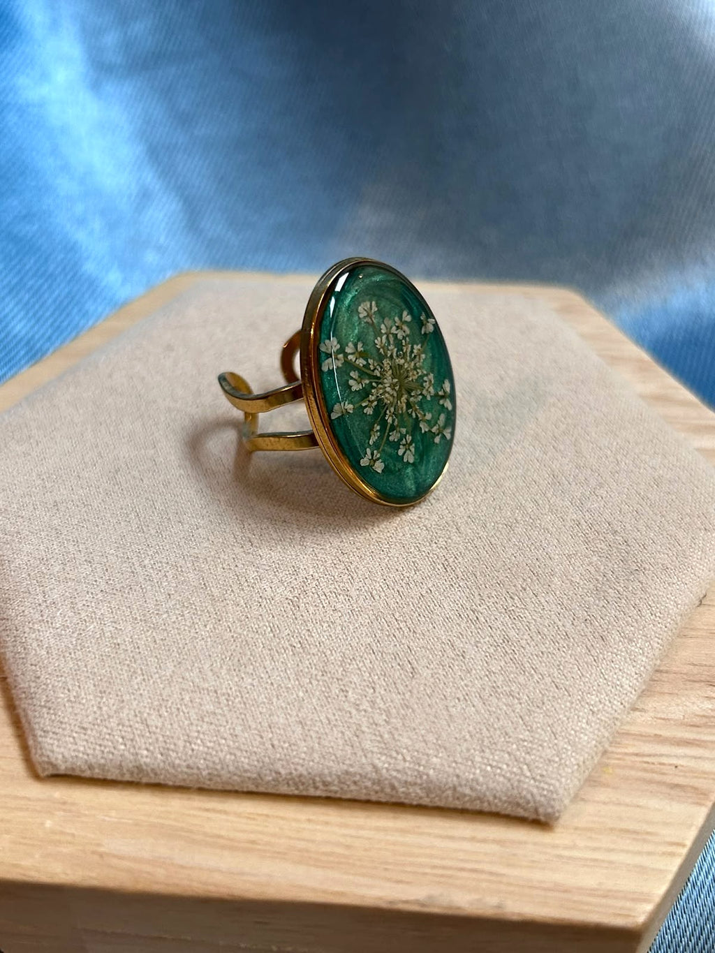 Bague doré ajustable ovale - fleurs séchées