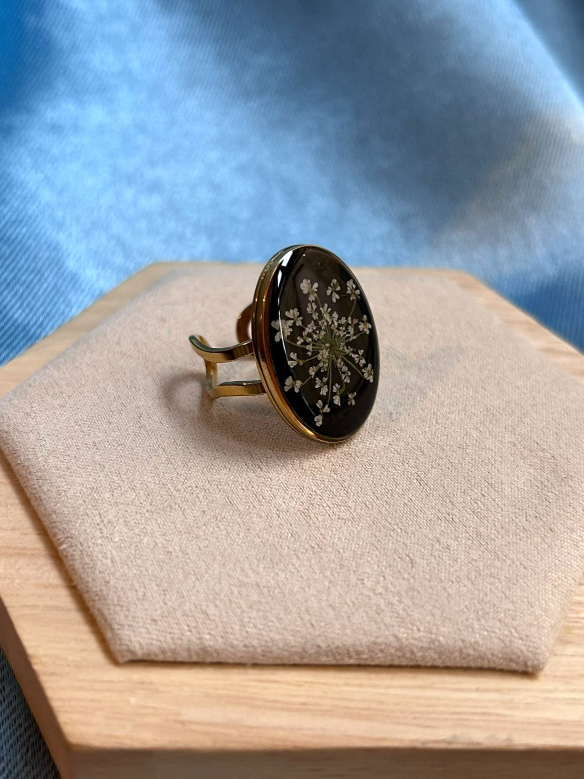 Bague doré ajustable ovale - fleurs séchées
