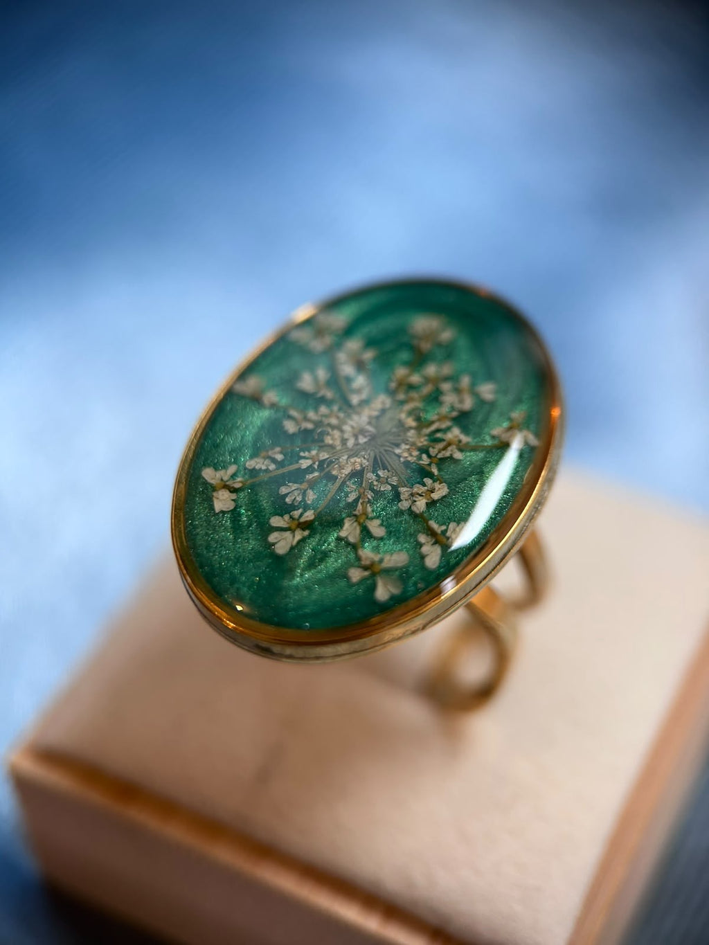 Bague doré ajustable ovale - fleurs séchées