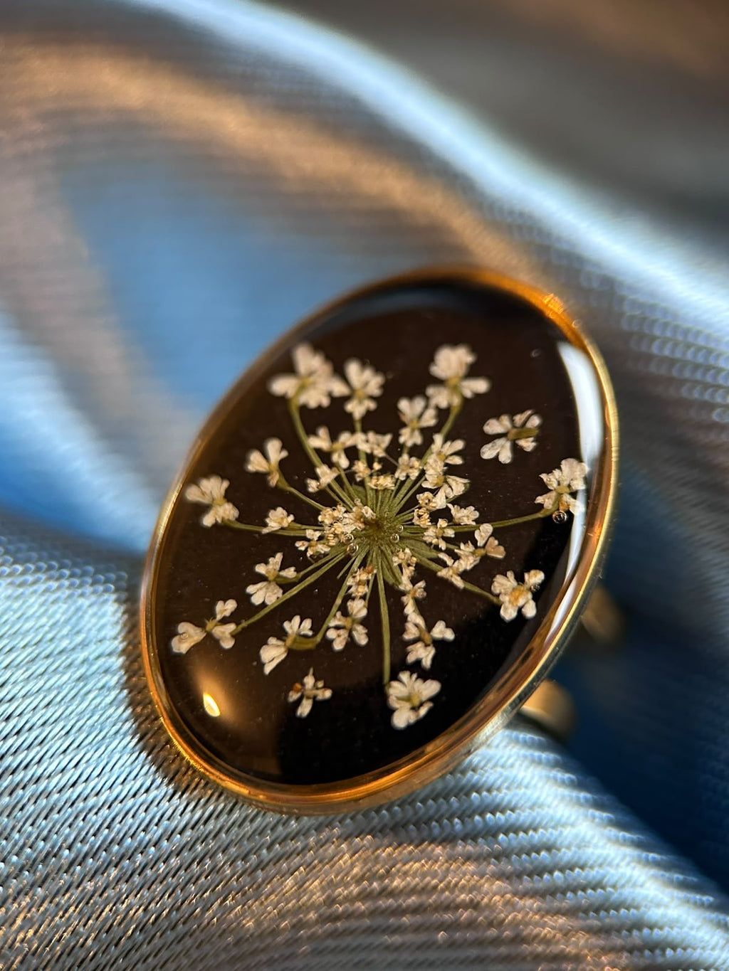 Bague doré ajustable ovale - fleurs séchées