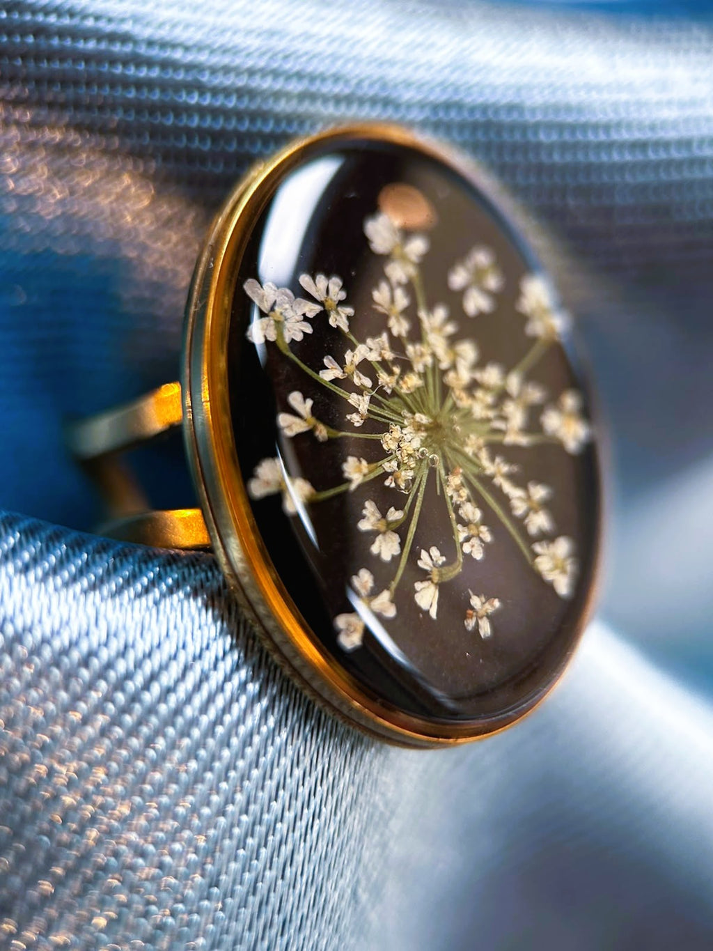 Bague doré ajustable ovale - fleurs séchées