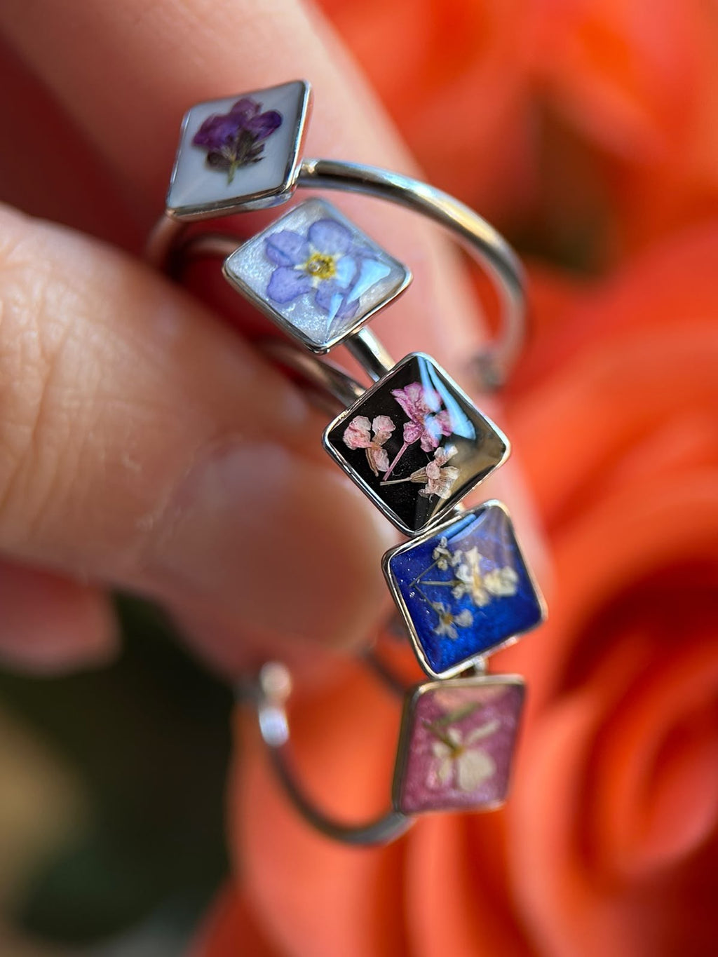 Bague ajustable argenté avec fleurs naturelles séchées - bague carré