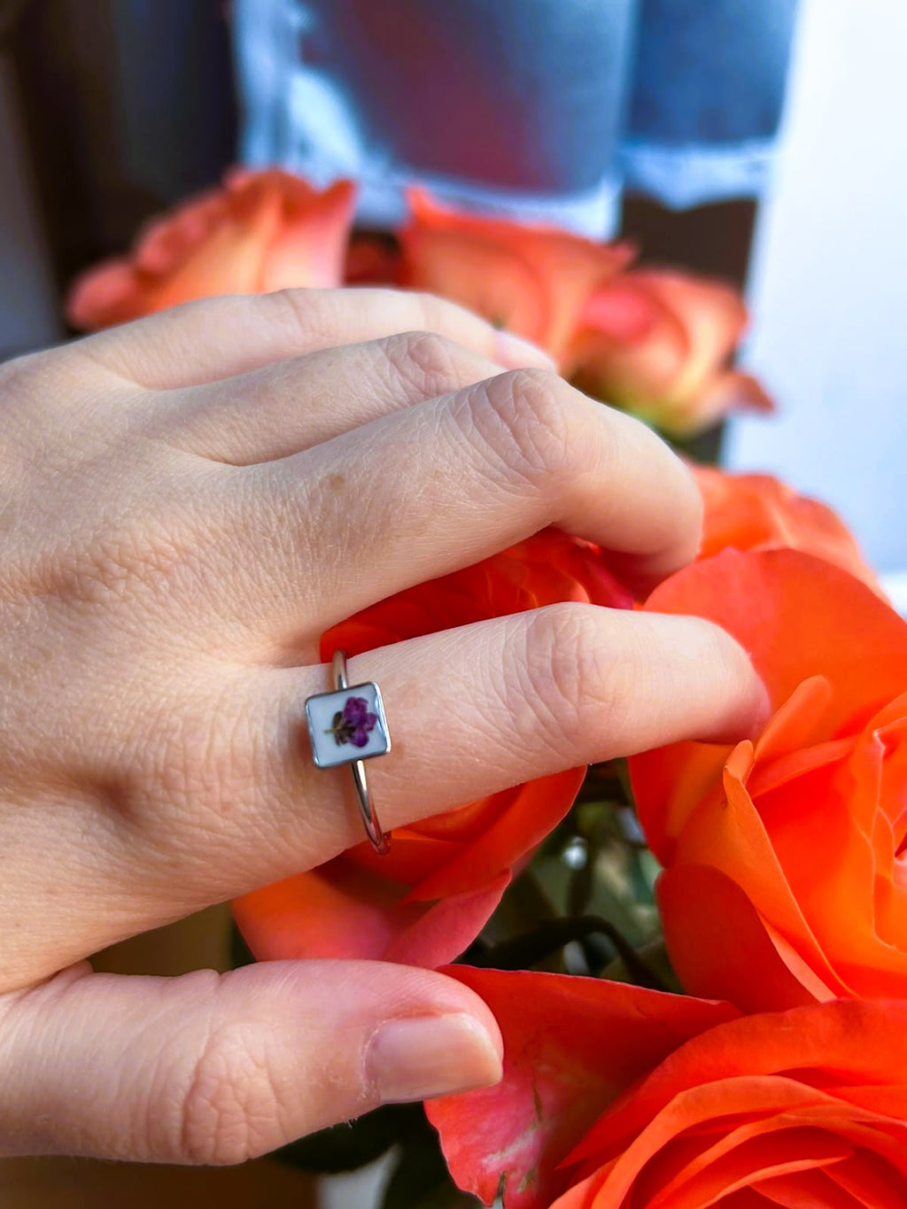 Bague ajustable argenté avec fleurs naturelles séchées - bague carré