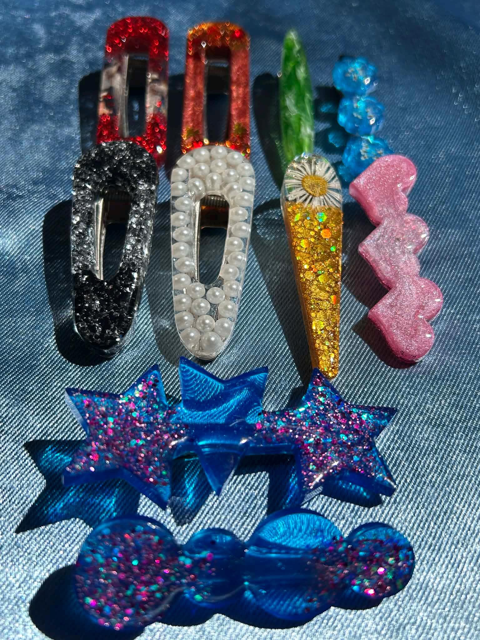 Barrettes à cheveux en résine, paillettes et fleurs séchées