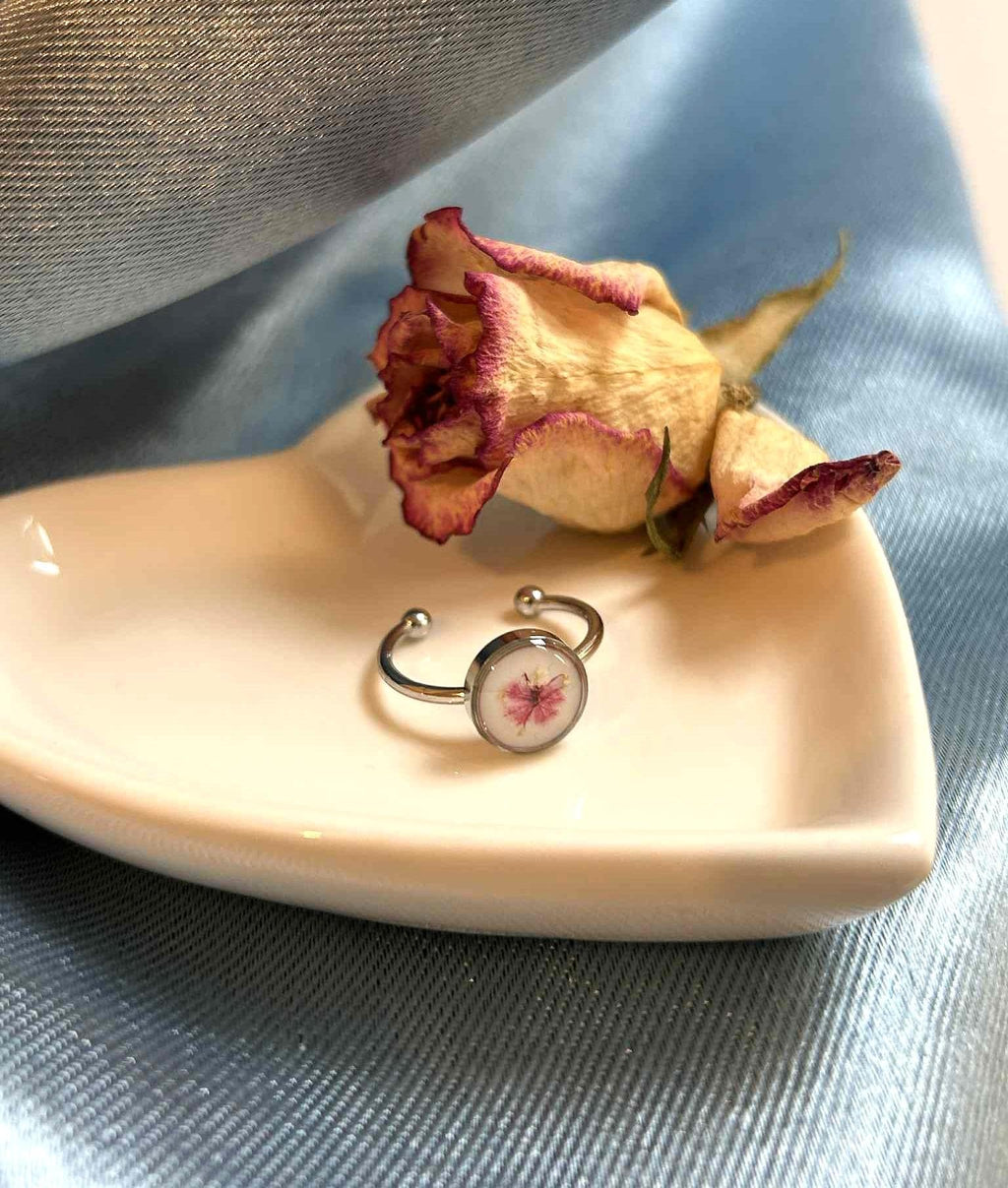 Bague argenté ajustable avec fleurs sechées - bijoux femme