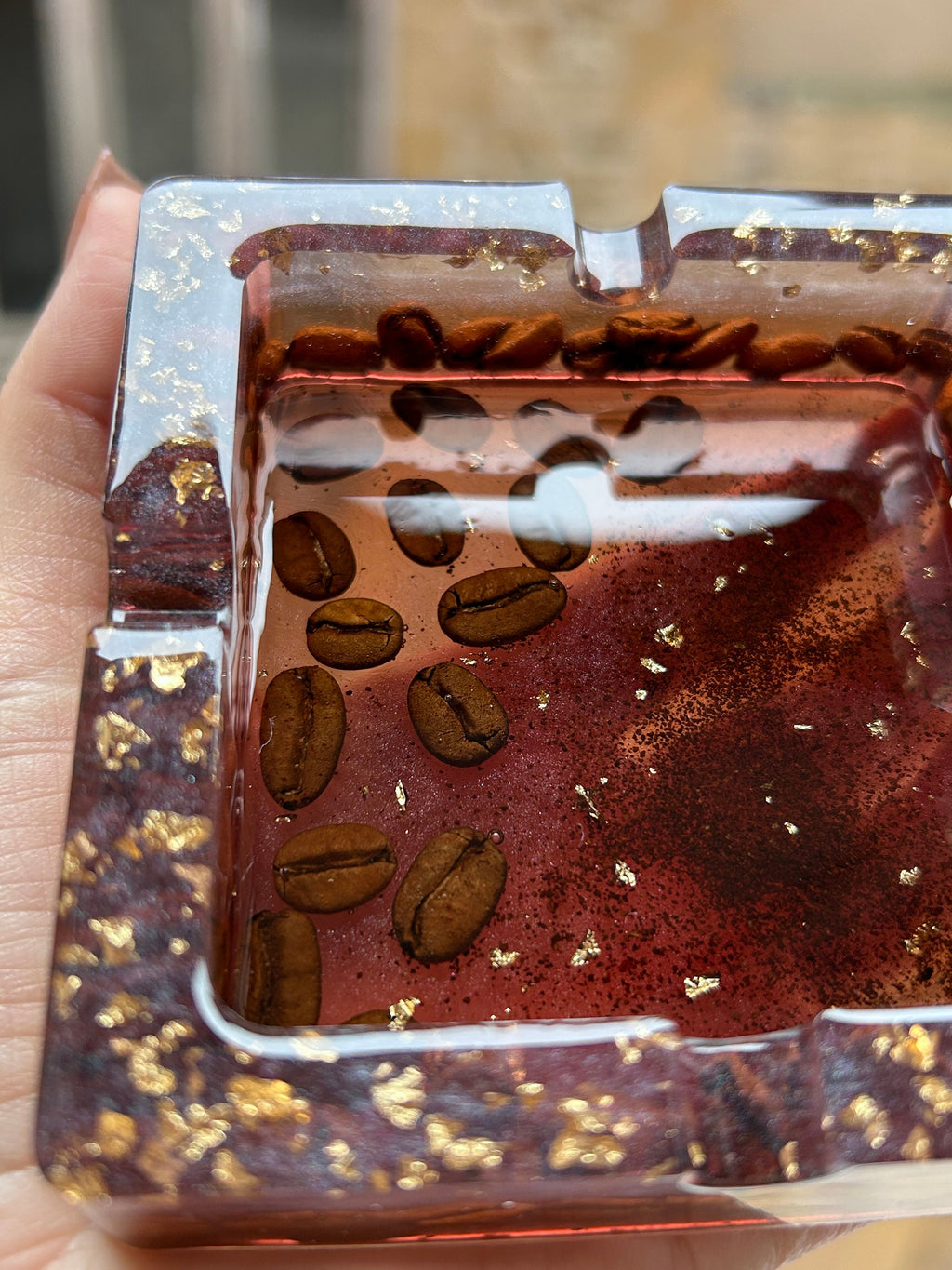 Cendrier en résine bleu - cendrier avec grains de café plus feuille doré