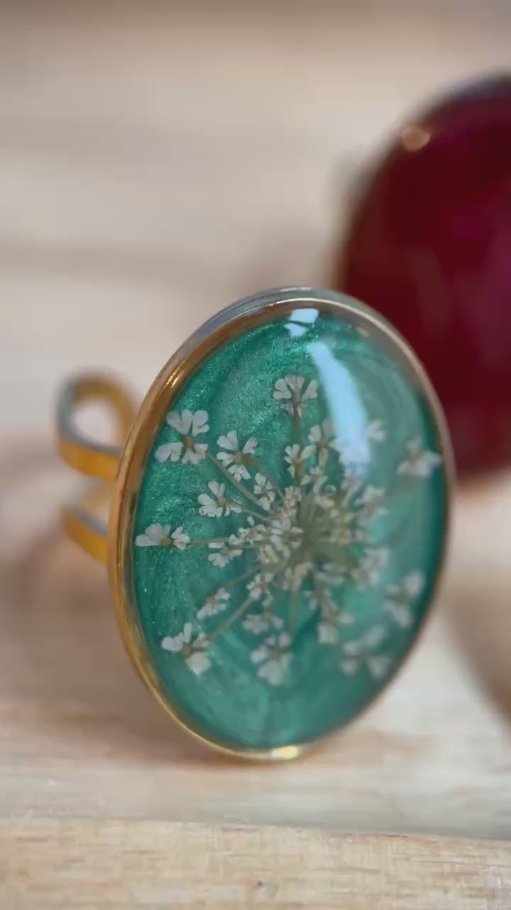 Bague doré ajustable ovale - fleurs séchées